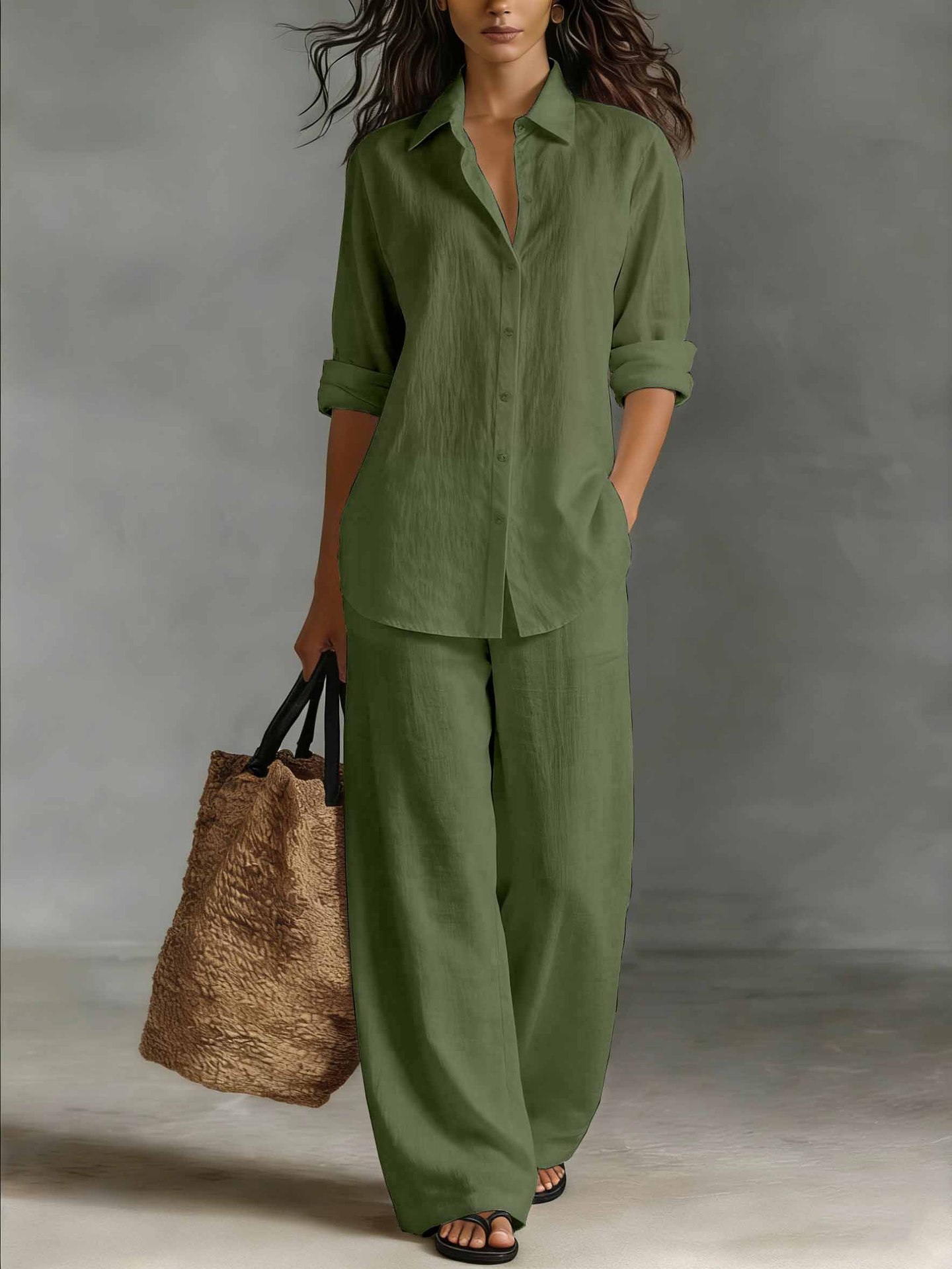 Women's Bohemian Linen Co-ord Set in Army Green – outdoor casual