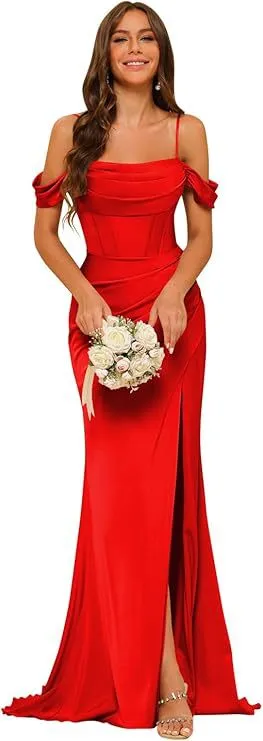 Off-the-shoulder Satin Bridesmaid Corset Ball Gown - Red