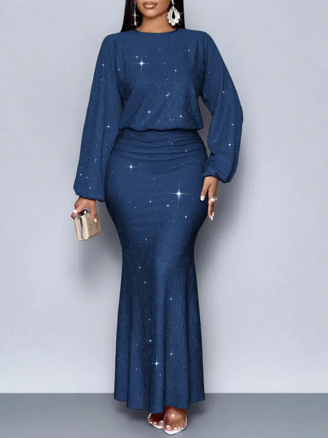 Hot Beads Long sleeved Fishtail Dress Women Dark Blue - Shop at LoveMi