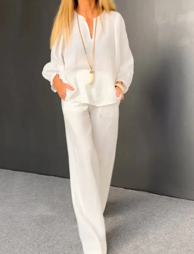 Womens Casual Long Sleeve Cotton Linen Top And Straight Leg Pants Two Piece Set White - Shop at LoveMi