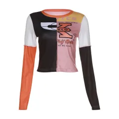 Women's Fashion Colour Contrast Printed Stitching Design Slim Top - Orange - View 1
