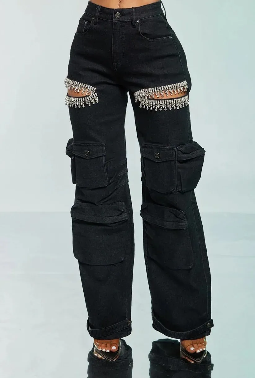 Women's Hollow-out Diamond Decorations Workwear Multi-pocket Stretch Jeans - Black