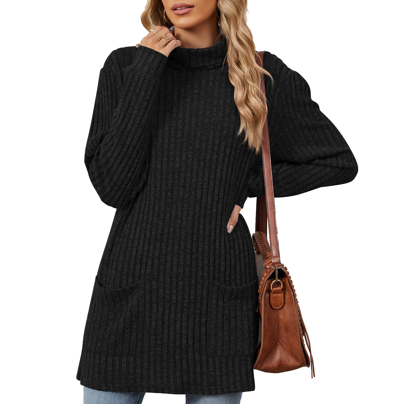 Mock-neck Long-sleeve Casual Womens Top With Pockets