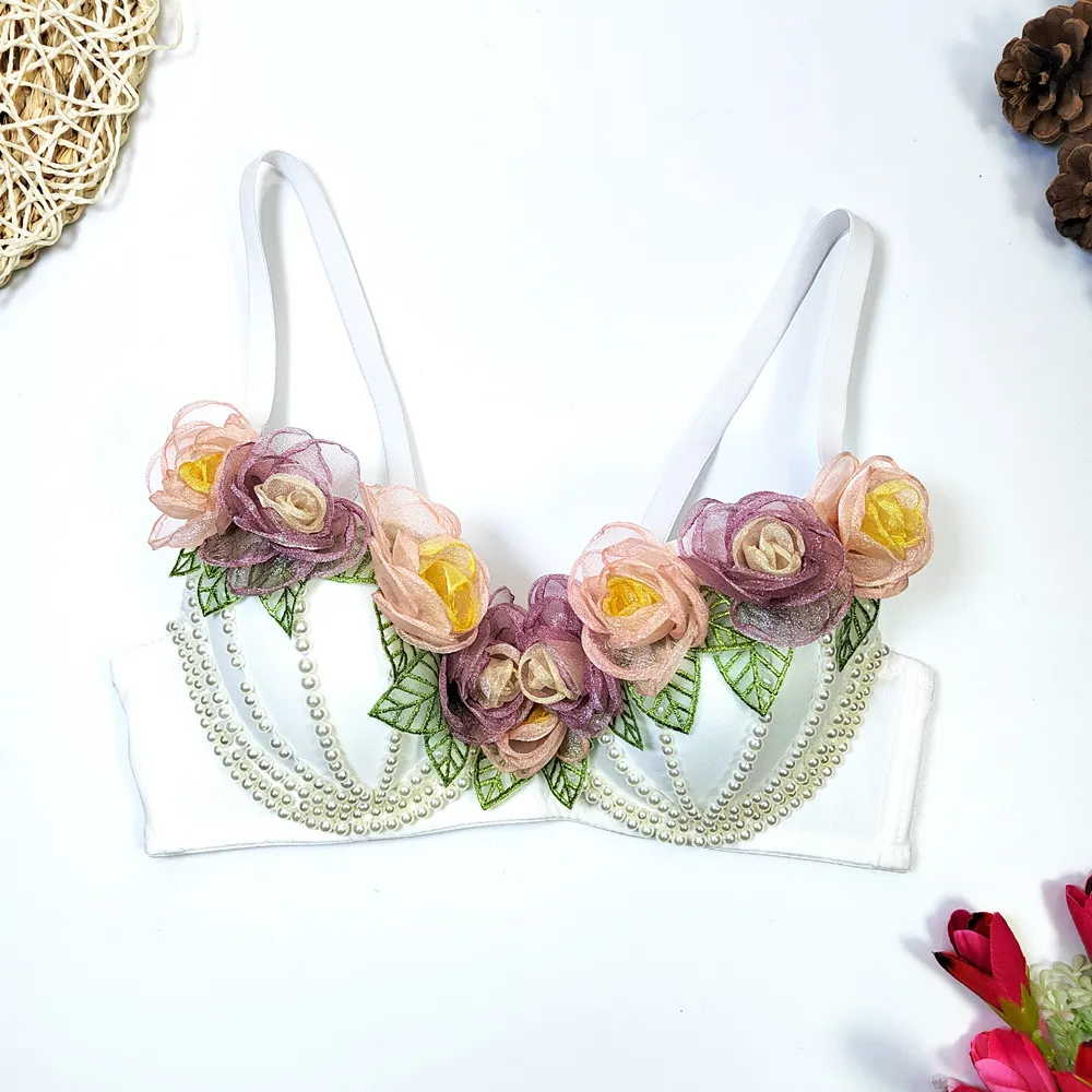Short Three-dimensional Flower Fishbone Corset - White