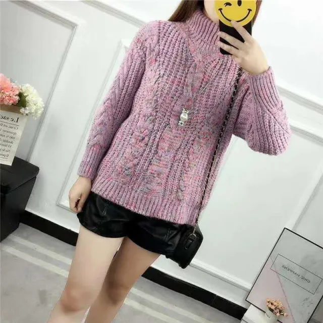 National Style Retro Pullover Thick Turtleneck Loose Women's Knitwear Pink - Shop at LoveMi