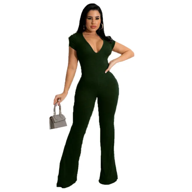 Bell bottom Pants Short Sleeve Women's Jumpsuit Army Green - Shop at LoveMi