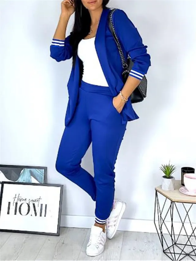 Casual Solid Color Long Sleeve Suit Trousers Two piece Set Blue - Shop at LoveMi