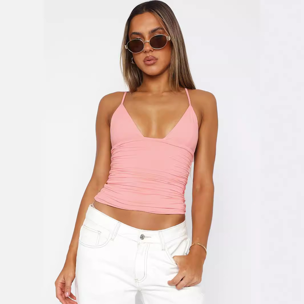 Street Style Sexy V-neck Solid Color Navel Exposed All-matching Slim Fit