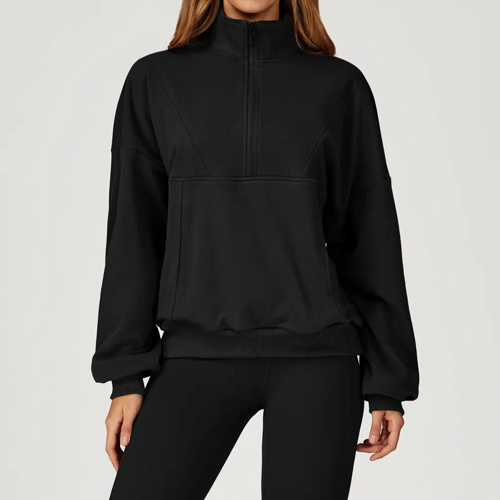 Casual Sweatshirt Zipper Windproof Warm All-matching Loose Sportswear - Black