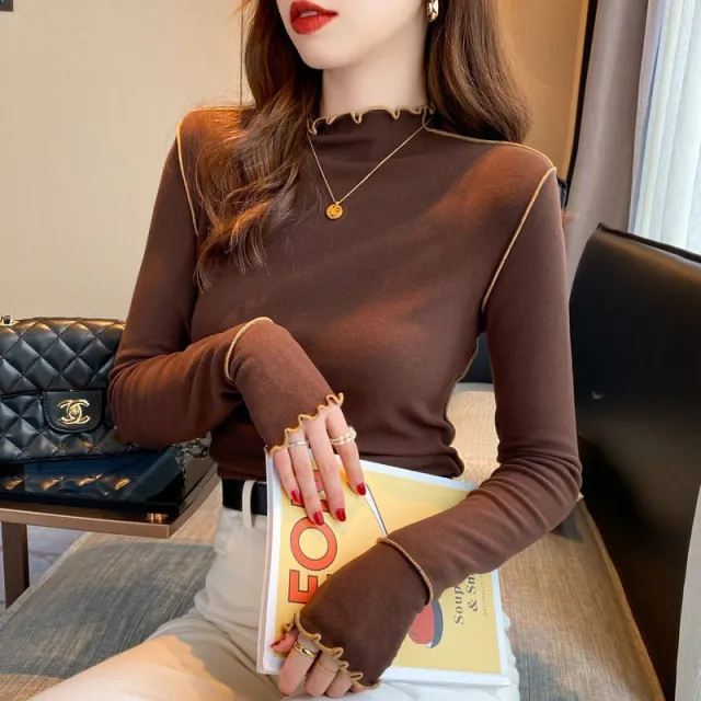 Half Turtleneck Wooden Ear Sweet Spicy Long sleeved T shirt Top For Women Brown - Shop at LoveMi
