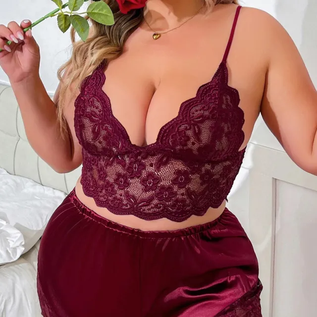 Women's Season Lace Strap Plus Size Two piece Suit Underwear Wine - Shop at LoveMi