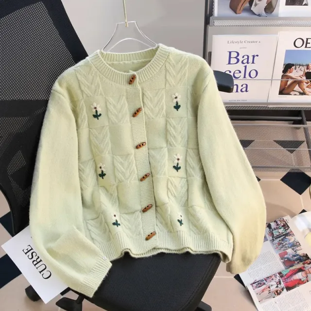 Retro Machine Embroidery Cable knit Sweater Coat Light Green - Shop at LoveMi