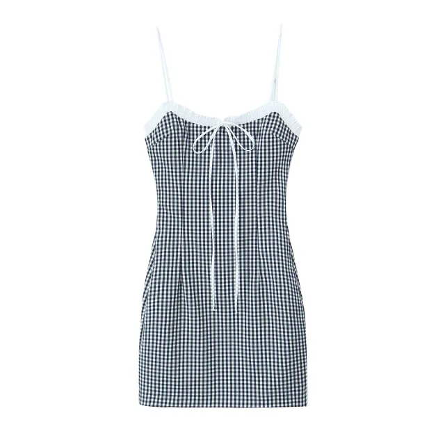 Xia Ge Stitching Bow High Slim Strap Dress Blue - Shop at LoveMi