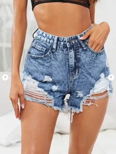 Women's Fashion Casual High Waist Ripped Denim Shorts - Light Blue - View 1