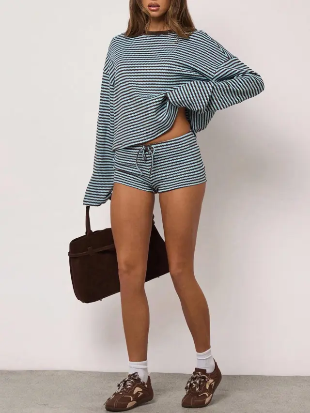 Casual Sporty Loose fitting Striped Long sleeve Top And Drawstring Shorts Blue - Shop at LoveMi
