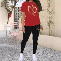 Women's Fashion Gradient Gold Mind Act Upon Mind Heart Printing Casual Suit Short Sleeve T-shirt - Red - View 1