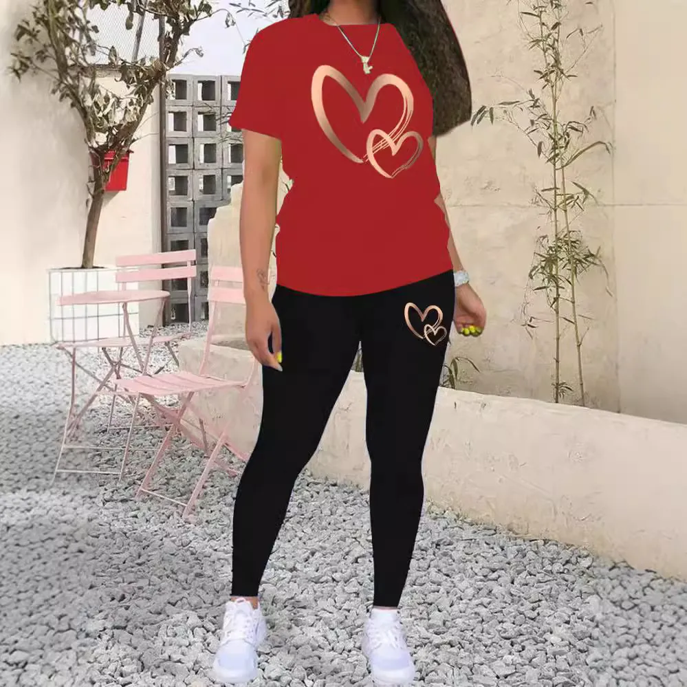 Women's Fashion Gradient Gold Mind Act Upon Mind Heart Printing Casual Suit Short Sleeve T-shirt - Red