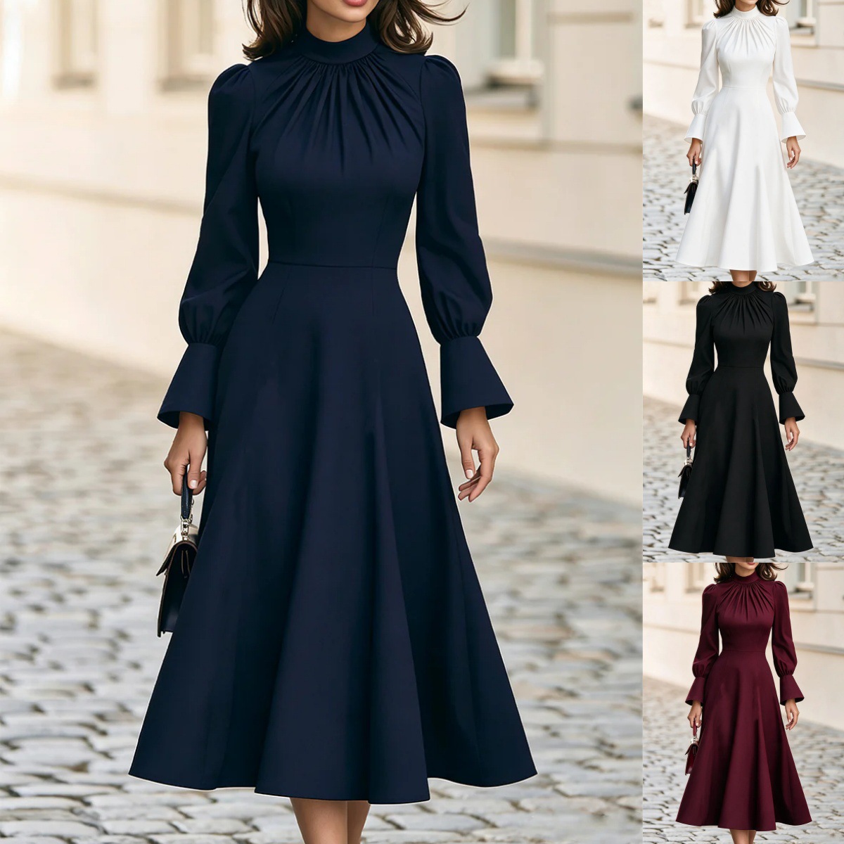 Horn-sleeved Waist-cinching Slimming Midi Dress