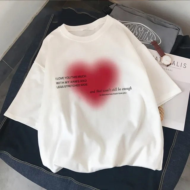 Letter Gradient Love Short Sleeve Round Neck T shirt Loose Women's Top White - Shop at LoveMi