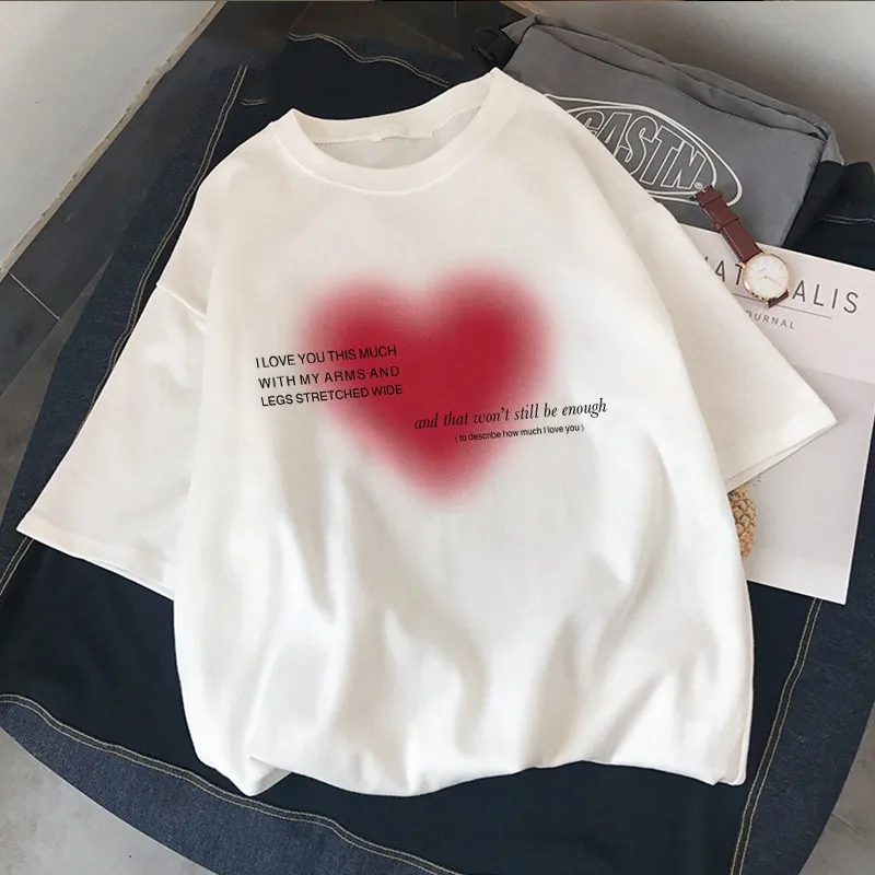 Letter Gradient Love Short Sleeve Round Neck T-shirt Loose Women's Top - White