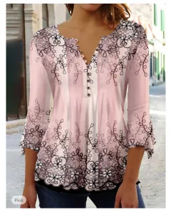Fashion Flower Printed V-neck Three-quarter-length-sleeved T-shirt - Element 4-4Xl - View 1