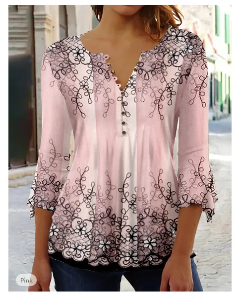 Fashion Flower Printed V neck Three quarter length sleeved T shirt Element 4 Xl - Shop at LoveMi