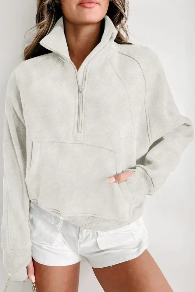 Hoodie Casual Stand Collar Long Sleeve Loose Top Light Greyish White - Shop at LoveMi