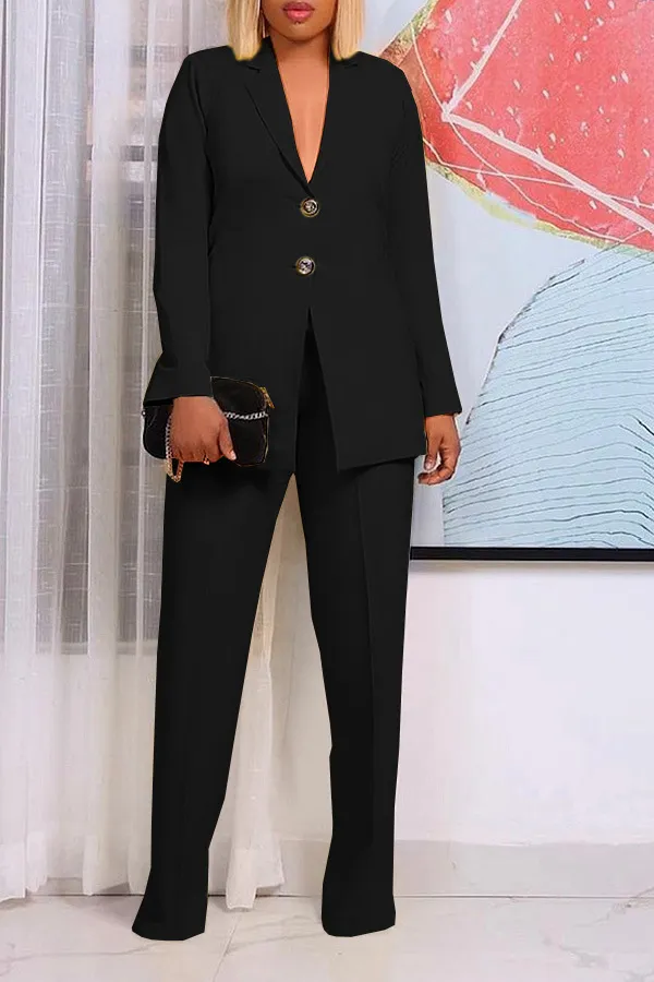 Solid Color Suit Collar Button Two piece Set Suit Black - Shop at LoveMi
