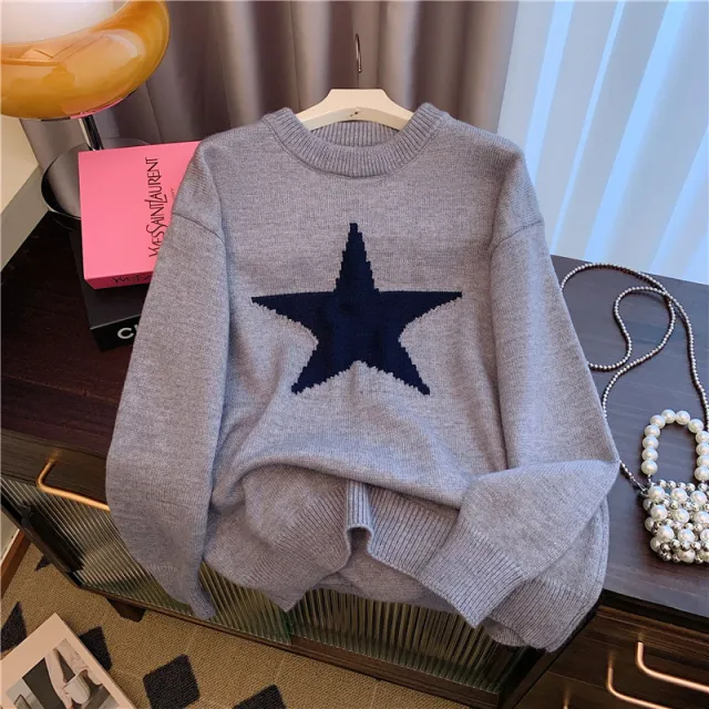 Idle Style Five pointed Star Crew Neck Pullover Sweater Gray - Shop at LoveMi