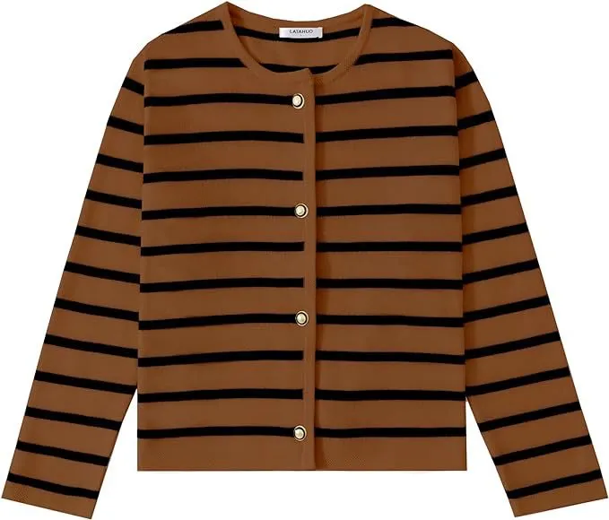 Women's Striped Cardigan Sweater Fashion Long Sleeve Button - Dark Brown