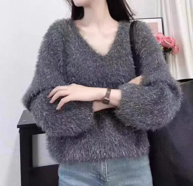 Bright Silk Sweater Women's Pullover Loose V neck Dark Gray - Shop at LoveMi