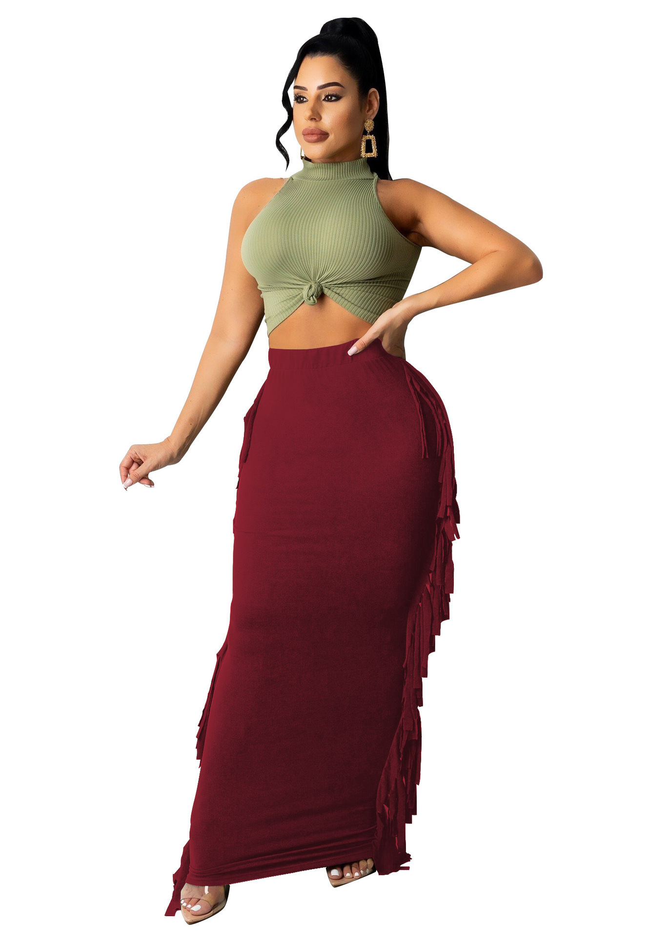 Cross Border Independent Women's Brushed Fabric Cute Tassel Skirt On Both Sides Wine Red - Shop at LoveMi