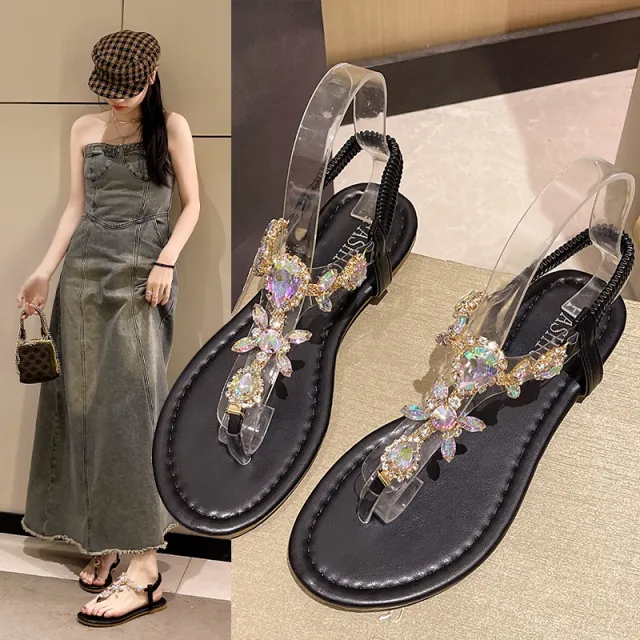 Classic Style Flat Flip toe Rhinestone Simple Sandals For Women Black - Shop at LoveMi