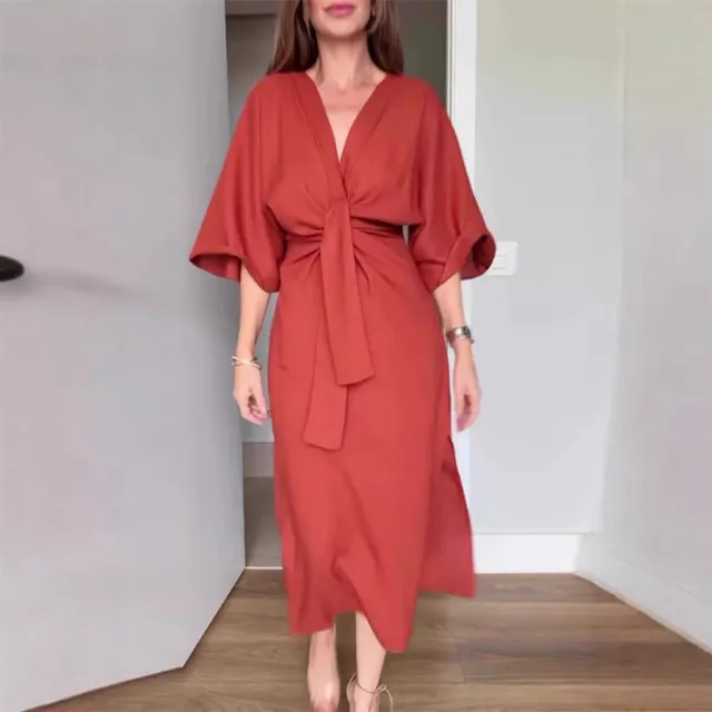 Solid Color Cotton Linen Loose V neck Women's Dress Brick Red - Shop at LoveMi