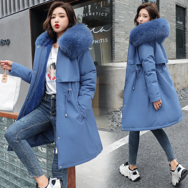 Long Style Large Fur Collar Fleece Lined Cotton Jacket Down Cotton Coat Outerwear Haze Blue - Shop at LoveMi