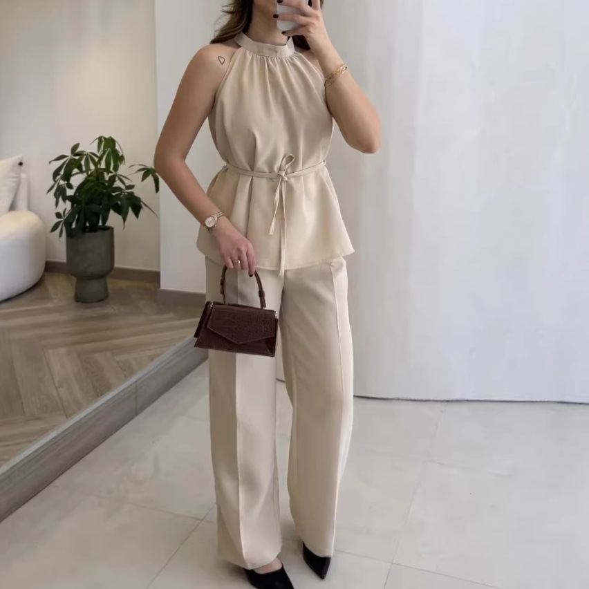 Simple Stand-collar Sleeveless Top And Wide-leg Pants Set