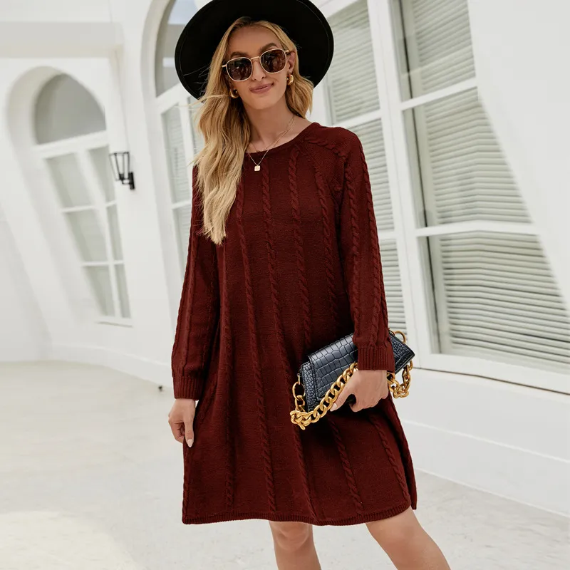 Women's Fashion Casual Solid Color Pullover Twisted Dress - Burgundy