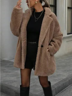 Women's Fluffy Long Sleeve Collar Fleece Top Coat - Khaki - View 1