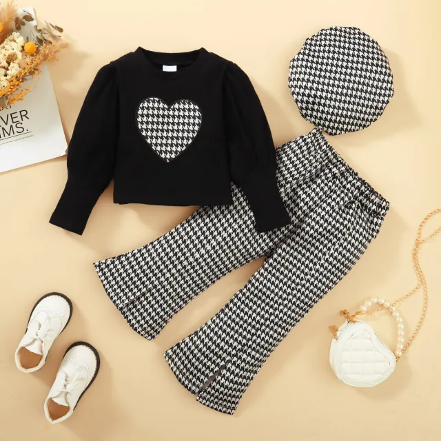 Plaid Heart shaped Stand Collar Long sleeved Trousers Hat Black - Shop at LoveMi