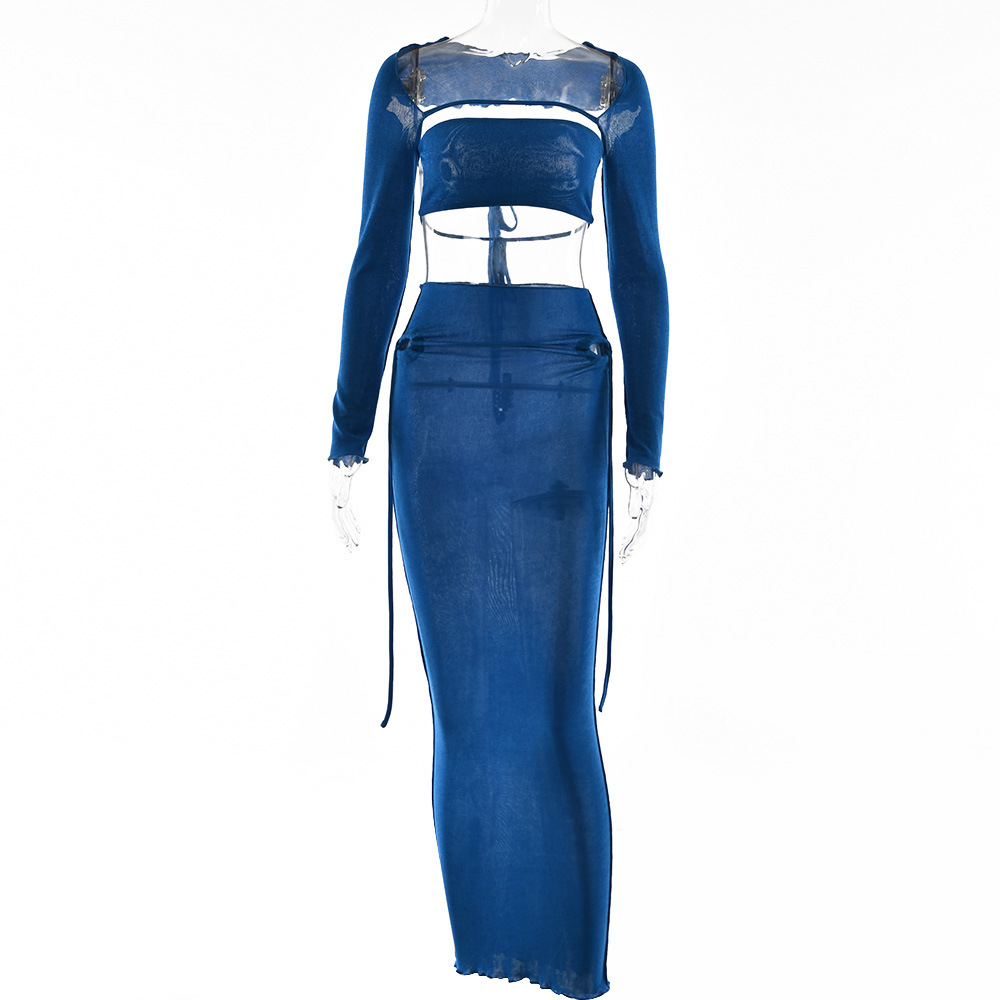 Women's Tube Top Suit Autumn New Fashion Long Sleeve Backless Lace Up Long Skirt Three-piece Set