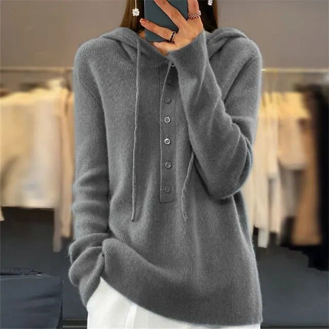 Solid color Long sleeve Hooded Knitted Pullover With Drawstring For Women Gray - Shop at LoveMi