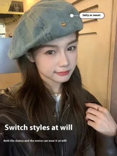 Do The Old Cowboy Beret Women's Autumn And Winter Big Head Circumference - Vintage Denim Blue - View 1