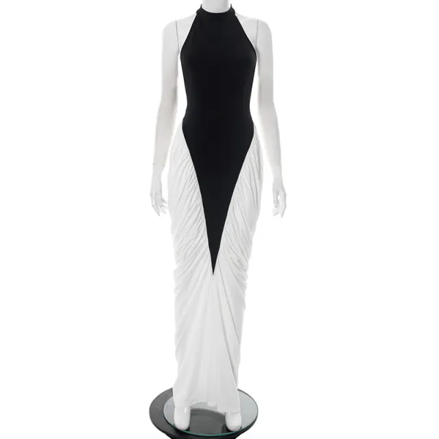 European And American Halter Backless Color Contrast Patchwork Sexy Dress Black And White Contrast Color - Shop at LoveMi