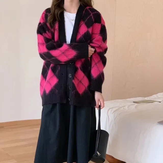 Plaid Knitted Cardigan Coat For Women Rose Red - Shop at LoveMi