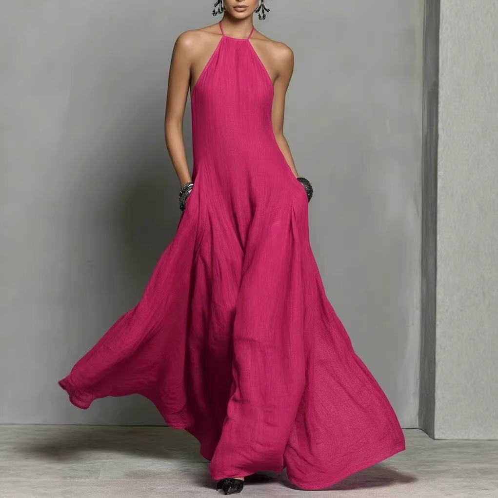 Womens Solid-Color Cotton-Linen Blend Simple Sleeveless Maxi Dress