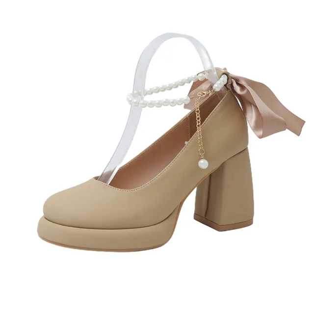 Mary Jane Shoes Women's Preppy Style Chunky Heel Pearl All match Milk Tea Color 43 - Shop at LoveMi