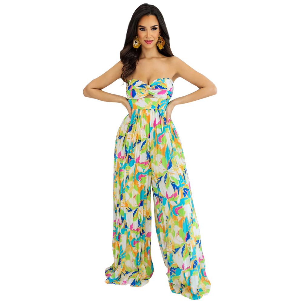 Sleeveless Chest-wrapped Printed Trousers Pleated Jumpsuit