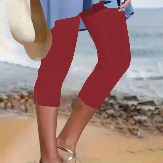 Women's Solid Color Breathable Slimming Split Cropped Pants Wine Red - Shop at LoveMi