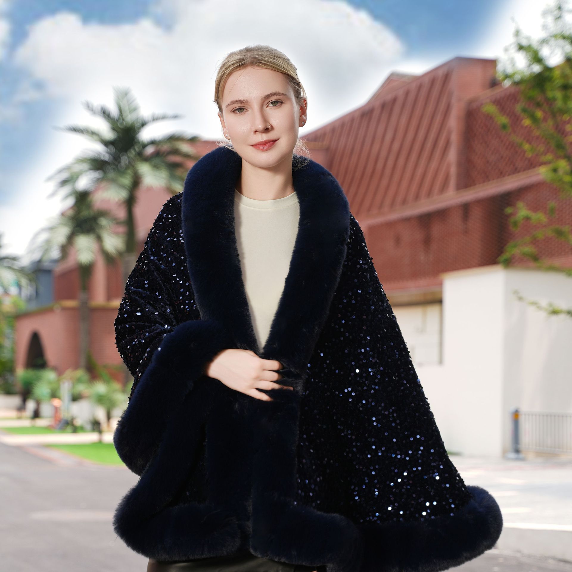 Knitted All-matching Loose Cloak Robe Fleece-lined Sequined Elegant Shawl
