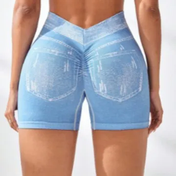 V-shaped Waist-cinching Butt-lifting Seamless Yoga Shorts - Blue
